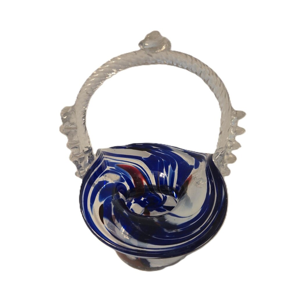 Murano Hand Blown Glass Basket ROPE HANDLES BLUE RED WHITE MIX = Unique Handle